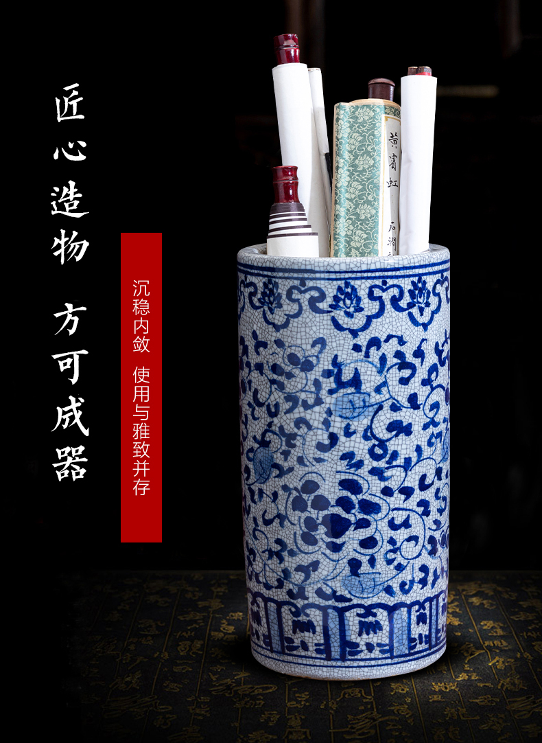 Jingdezhen ceramic hand - made archaize large blue and white porcelain vase painting and calligraphy scrolls cylinder word quiver sitting room floor furnishing articles