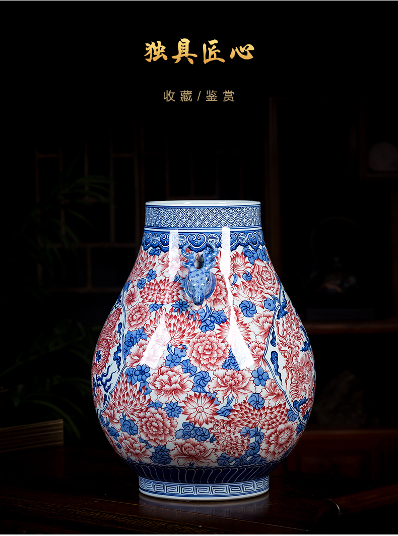 Jingdezhen ceramics antique hand - made youligong red dragon grain ears of blue and white porcelain porcelain tube vase expressions using furnishing articles