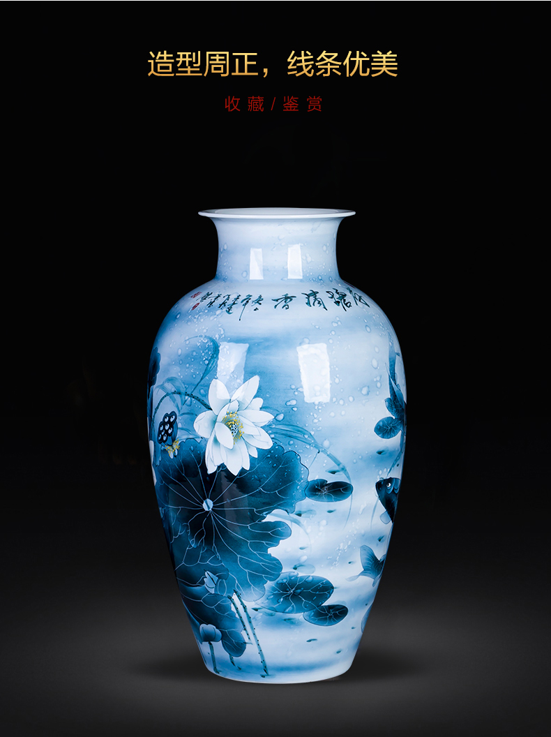 Blue and white porcelain of jingdezhen ceramics hand - made lotus vase furnishing articles sitting room of new Chinese style household adornment high porcelain