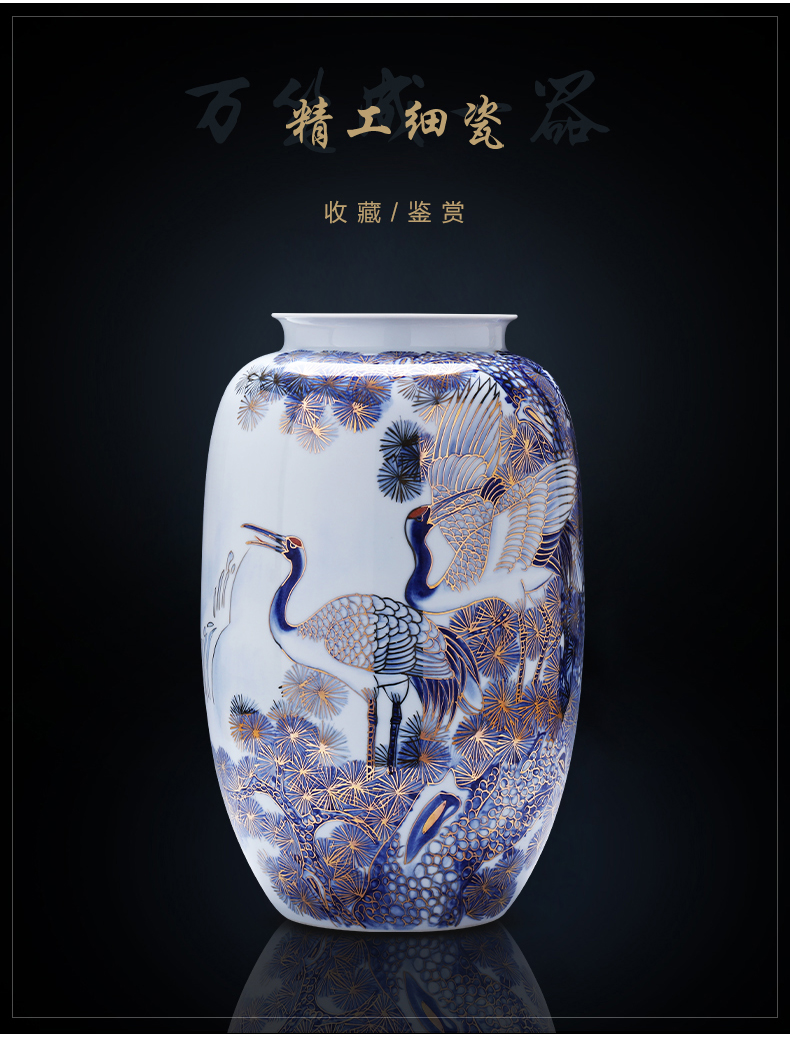 Jingdezhen ceramics hand - made paint vase furnishing articles light pine crane, live the new Chinese style key-2 luxury ground large blue and white porcelain