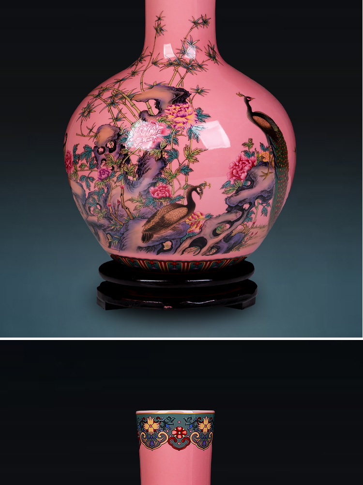 Jingdezhen ceramics powder enamel tree peacock figure vase furnishing articles of Chinese style living room home rich ancient frame adornment