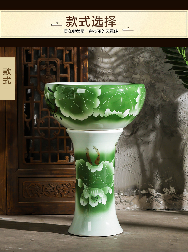 Jingdezhen ceramics pillar landing fish basin large fish bowl lotus lotus lotus tortoise furnishing articles