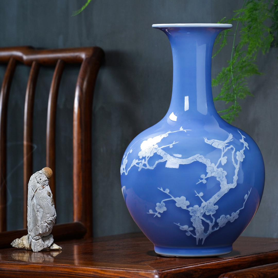 Jingdezhen ceramics blue vase flower arrangement sitting room adornment rich ancient frame of Chinese style household crafts porcelain furnishing articles
