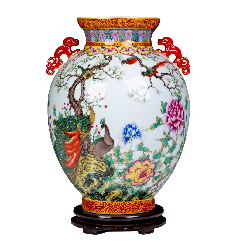 Jingdezhen ceramics archaize qianlong ears colored enamel vase peacock for bottles of the sitting room of Chinese style household ornaments