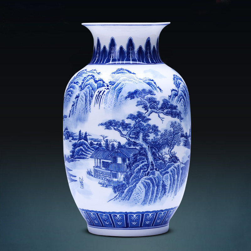 Jingdezhen Ceramics Blue and White Porcelain Vase Ornament Shanshui Thin Bodied Porcelain Bottle Chinese Style Living Room Flower Arrangement Home Decoration