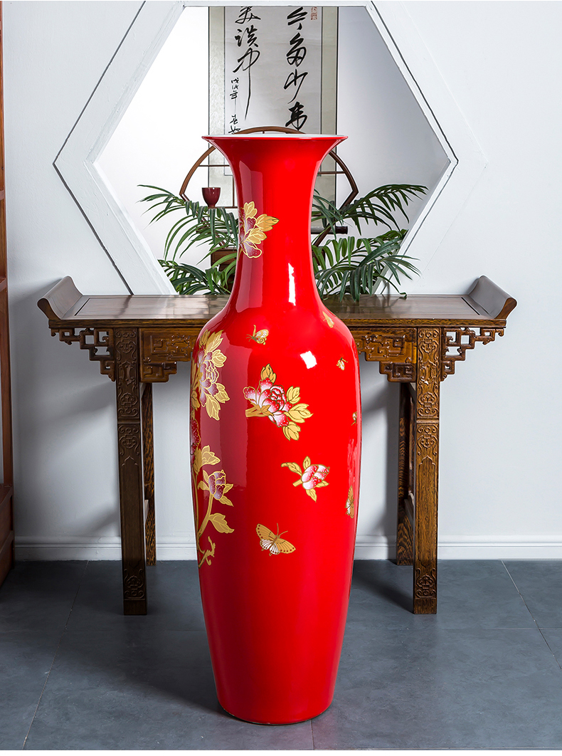 Jingdezhen ceramics big vase red blooming flowers sitting room ground adornment furnishing articles to heavy large number for the opening