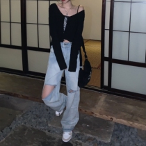 halo lala big hole light blue washed denim mopping hot girl pants High waist wide leg jeans womens spring and autumn