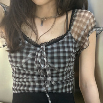 halo lala demon sweetheart black and white plaid short shirt 2021 spring and autumn new chiffon shirt top