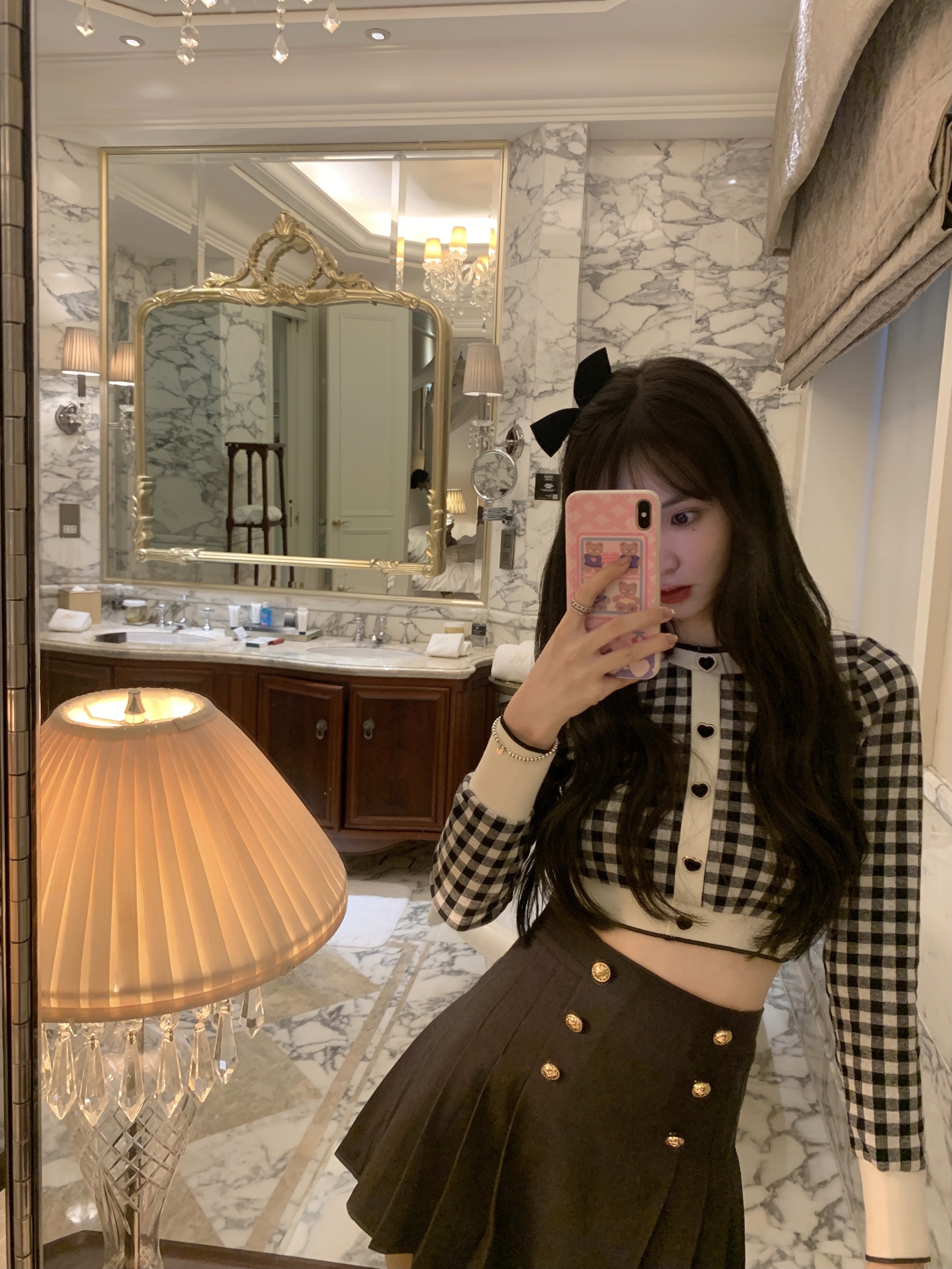 Your home spicy halo lala sweetheart obediently black and white plaid velvet loving buttoned-knitted shirt short blouses