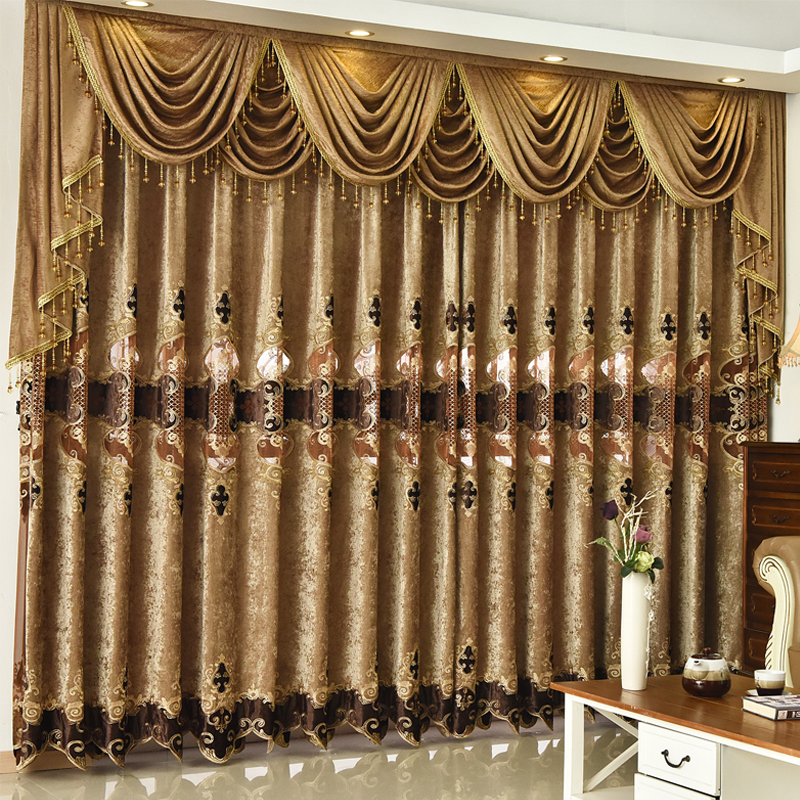 Chenille European living room luxury brown embroidery embroidery custom curtain cloth yarn double curtain finished shading