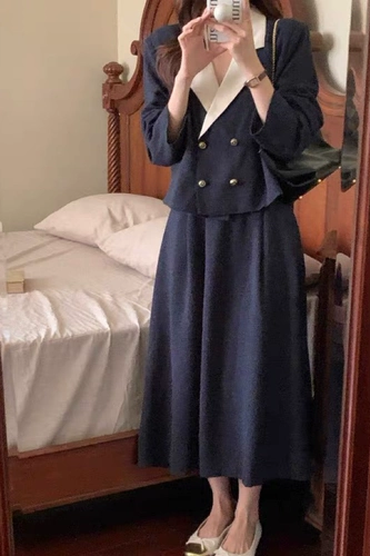 Весенний осенний комплект, ретро костюм, юбка в складку, длинная юбка, в стиле Шанель, французский стиль