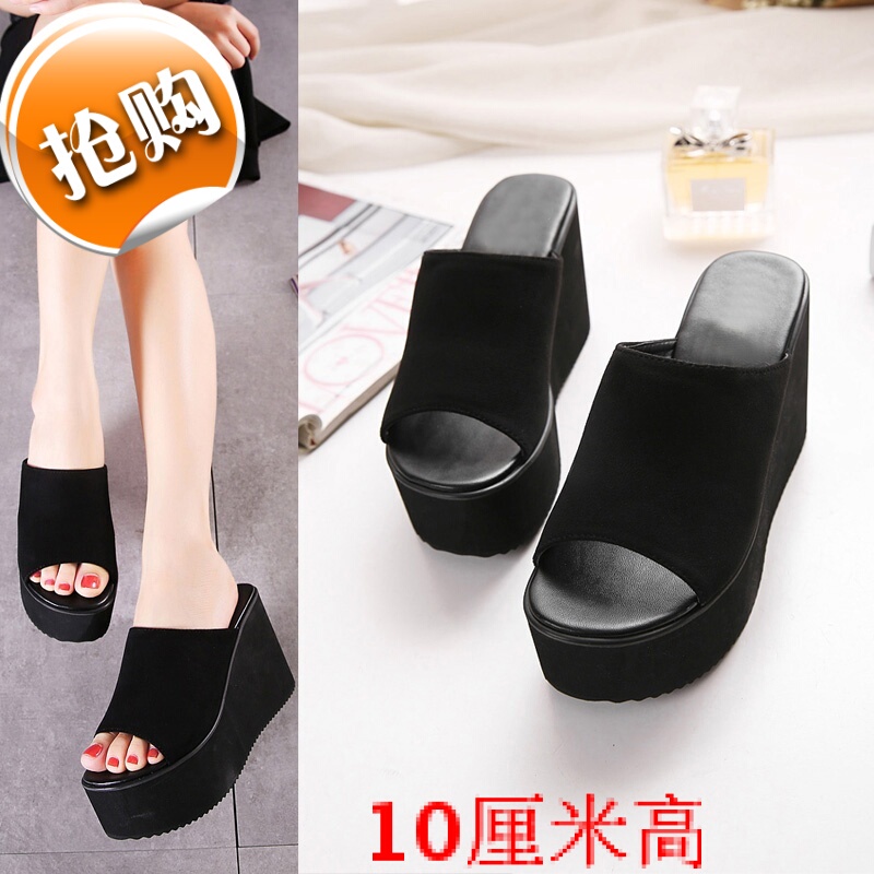 Spring and Summer New Korean Style Black Suede Wedge 10cm High-Heeled Sandals with Thick Soles, Non-Slip, Versatile Slippers for Women to Wear Outside
