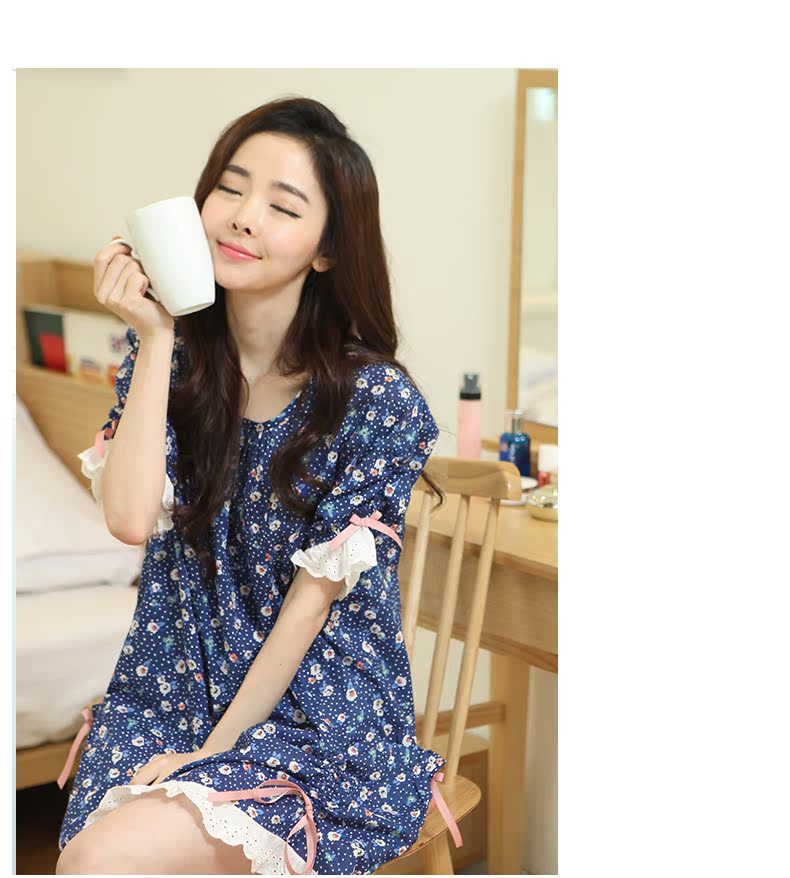 Bộ đồ ngủ Hàn Quốc Áo dài nữ mùa hè Áo ngắn tay cho nữ Áo dài mùa xuân và mùa thu Cotton tươi và bộ dịch vụ gia đình đáng yêu váy nữ đẹp