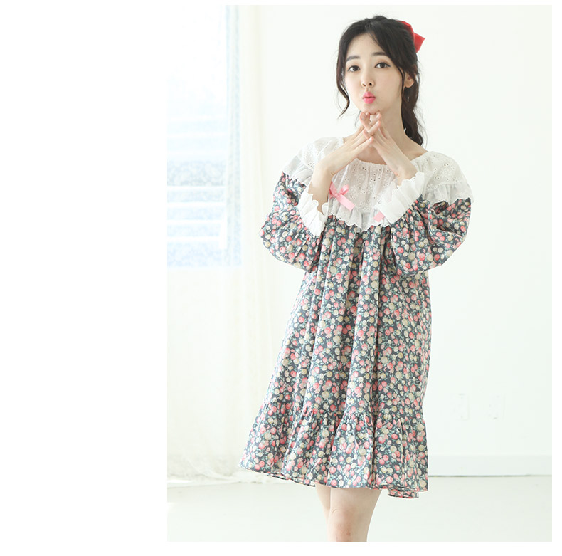 Áo dài phiên bản Hàn Quốc của váy ngủ nữ mùa hè đưa đón bằng vải cotton bảy điểm tay áo cô gái dễ thương váy ren dịch vụ nhà tươi váy đầm mùa đông