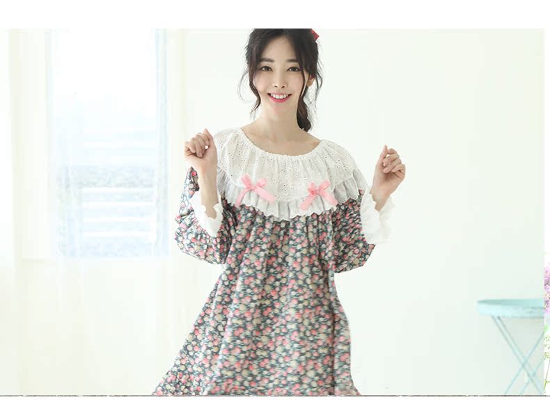 Áo dài phiên bản Hàn Quốc của váy ngủ nữ mùa hè đưa đón bằng vải cotton bảy điểm tay áo cô gái dễ thương váy ren dịch vụ nhà tươi váy đầm mùa đông