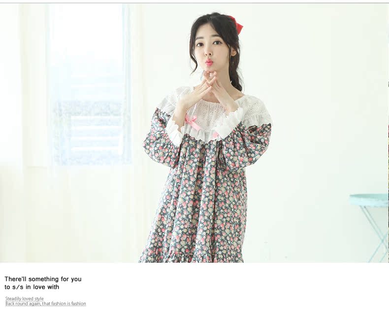 Áo dài phiên bản Hàn Quốc của váy ngủ nữ mùa hè đưa đón bằng vải cotton bảy điểm tay áo cô gái dễ thương váy ren dịch vụ nhà tươi váy đầm mùa đông