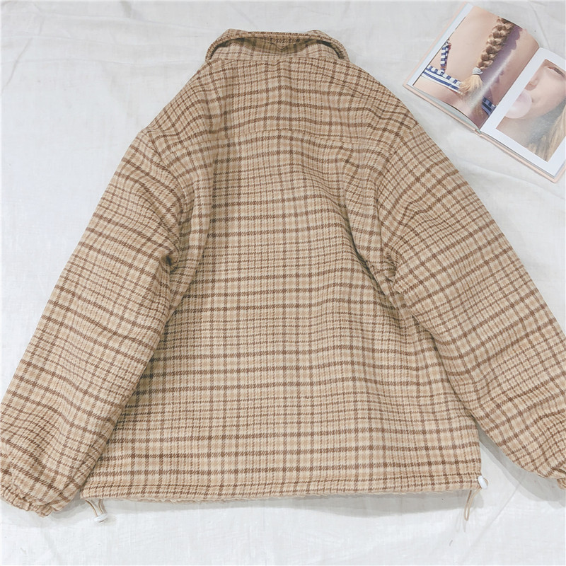 Lamb wool Coat Bear Embroidery Cute Women Student Thicken Plaid Jacket Small Fresh Soft sister Loose Long Sleeve Outer Wear Tops