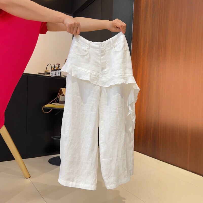 2026 Summer New Fashionable Two-In-One Cotton Linen Pants, Plus Size High Waist Slimming Nine-Point Wide-Leg Pants for Women