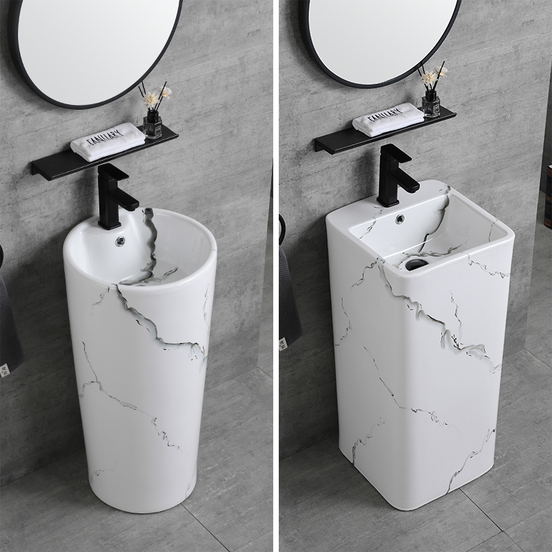 Nordic Water Ink White Wash Basin Balcony Floor Upright Post Basin Square Washbasin Hand-painted and Basin Integrated column basin