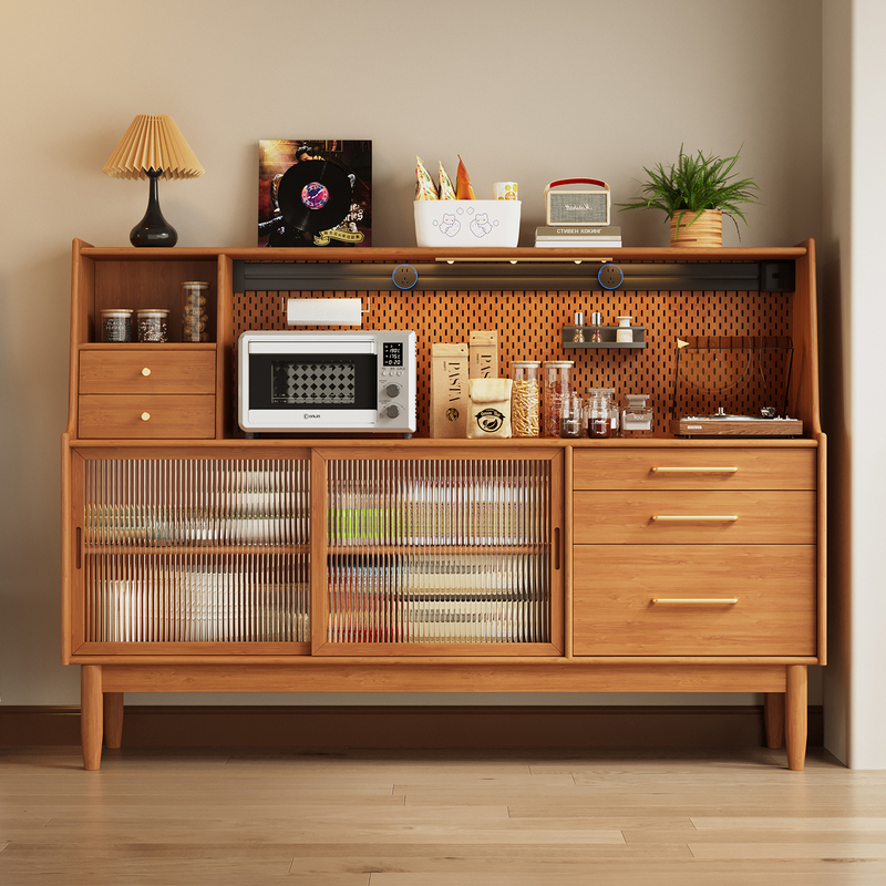 Solid Wood Sideboard, Japanese-Style Tea Cabinet, Nordic Multi-Functional Living Room Integrated Storage Cabinet, Natural Wood Side Cabinet, Wall-Mounted Cabinet