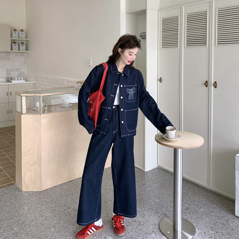 Korean-Style Bow Embroidery Denim Ootd Outfit Set for Women, Spring 2026 New Style Jacket and Wide-Leg Pants Two-Piece Set