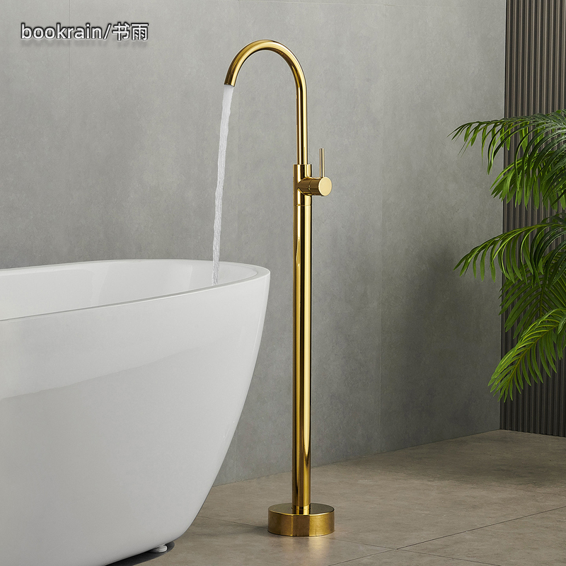 Gold Floor-Standing Bathtub Faucet, Wooden Barrel Bathtub, All-Copper Pedestal Basin, Hot and Cold Water Faucet, No Drilling Required
