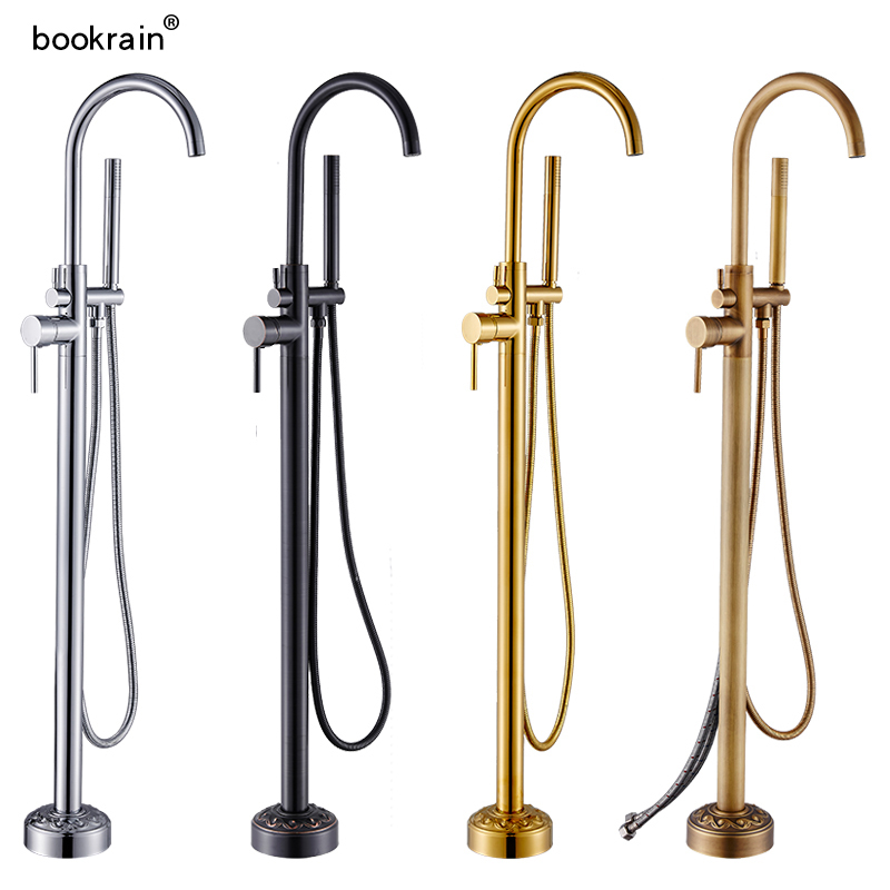 Floor-Standing Bathtub Faucet with Shower Head, Wooden Tub Side All-Copper Mixing Valve, Single-Handle Hot and Cold Water Faucet
