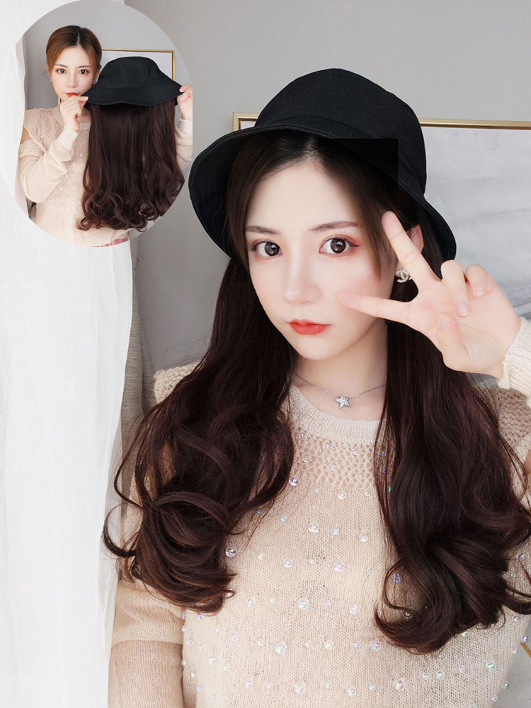 Hat wig female long hair net red fisherman hat long curly hair one-piece female fashion hair extension summer and winter natural full headgear