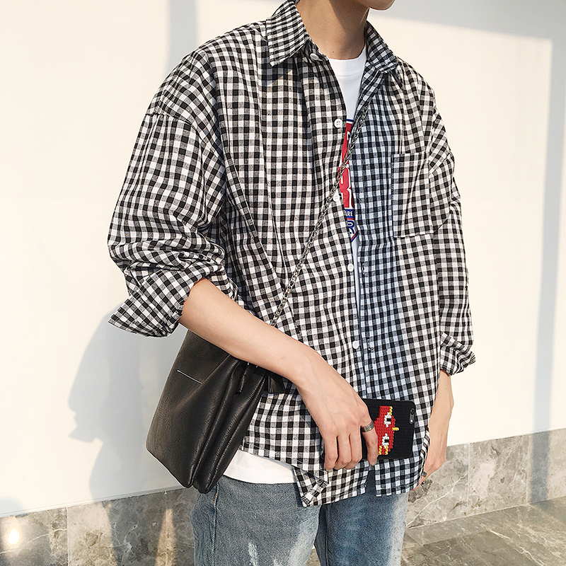 Hong Kong Style Spring classic loose houndstooth shirt Men's Korean version wild black and white plaid casual shirt Student shirt