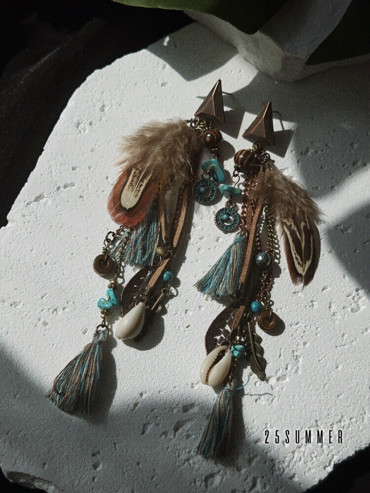 25SUMMER Tribal Princess Wandering Style Distressed Feather Tassel Earrings Retro Ethnic Style Earrings for Women