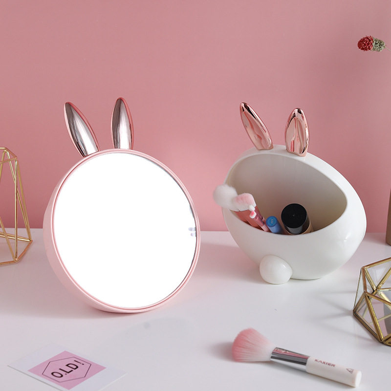 Desktop round makeup mirror creative girl heart rabbit desk small mirror with cosmetics storage box
