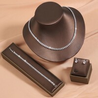 Japanese and Korean simple and fashionable full-diamond zircon necklace, earrings, three-piece set, bridal wedding dress, banquet clavicle chain