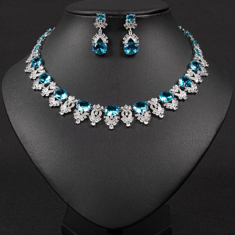 Luxurious and Elegant European and American Banquet Aquamarine Water Drop Zircon Earrings and Necklace Set, Elegant Wedding Dress Accessories