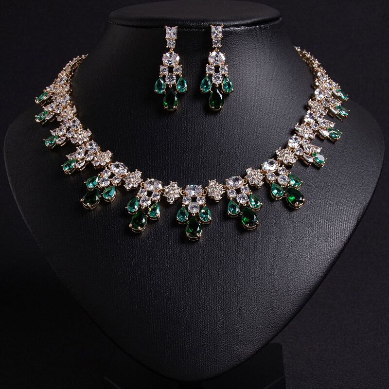 European and American Classic High-End Water Drop Zircon Necklace Earrings Jewelry Bride Emerald Wedding Evening Dress Banquet Set
