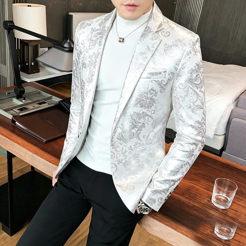Trendy Men's Gold-Printed Blazer, Korean-Style Slim-Fit Personalized Suit, Youth Influencer Outfit, Formal Wear for Banquets