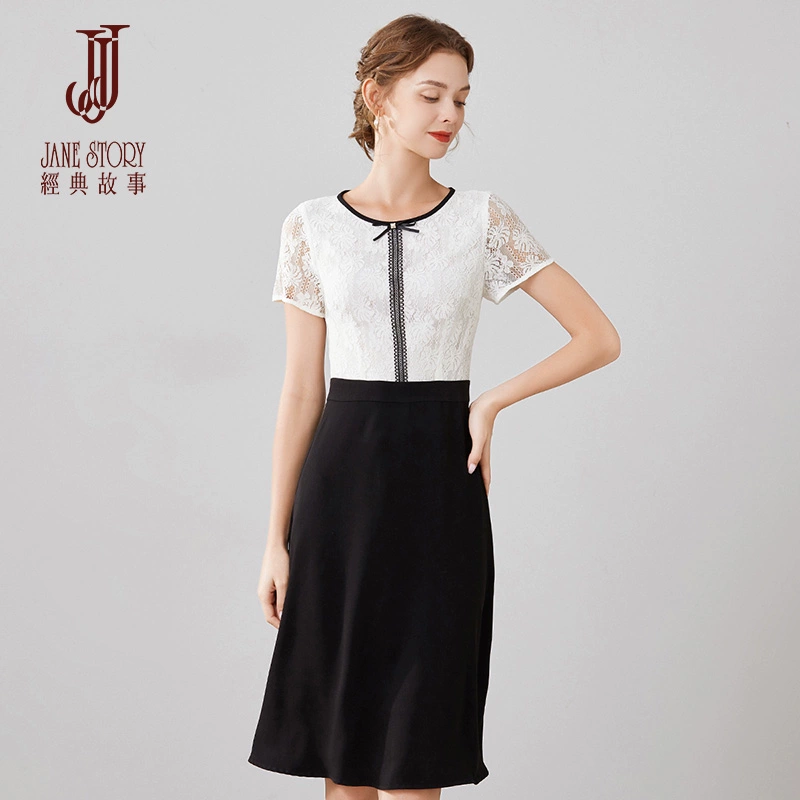 Câu chuyện cổ điển Mùa hè 2021 Thời trang mới Cổ tròn Tay ngắn Khâu Đường chữ A Váy ren ôm giữa chiều dài - A-Line Váy