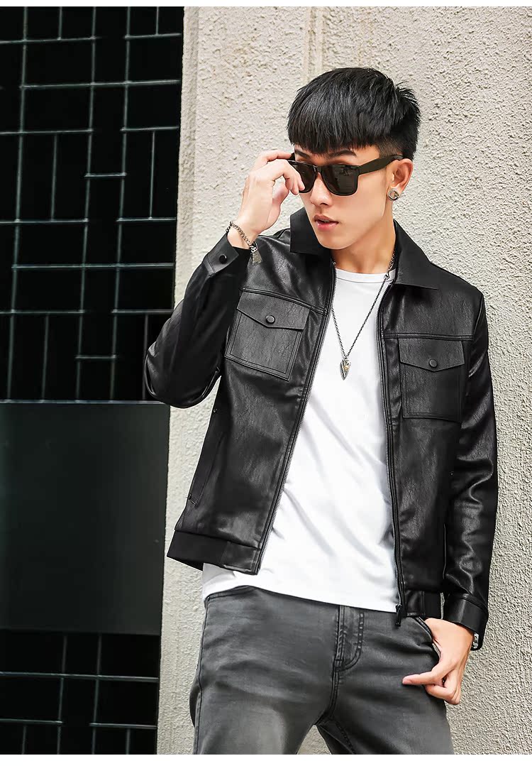 Vải huyền thoại ve áo da nam Slim phiên bản Hàn Quốc của xu hướng đẹp trai trẻ màu đen xe máy áo khoác da áo jean nam