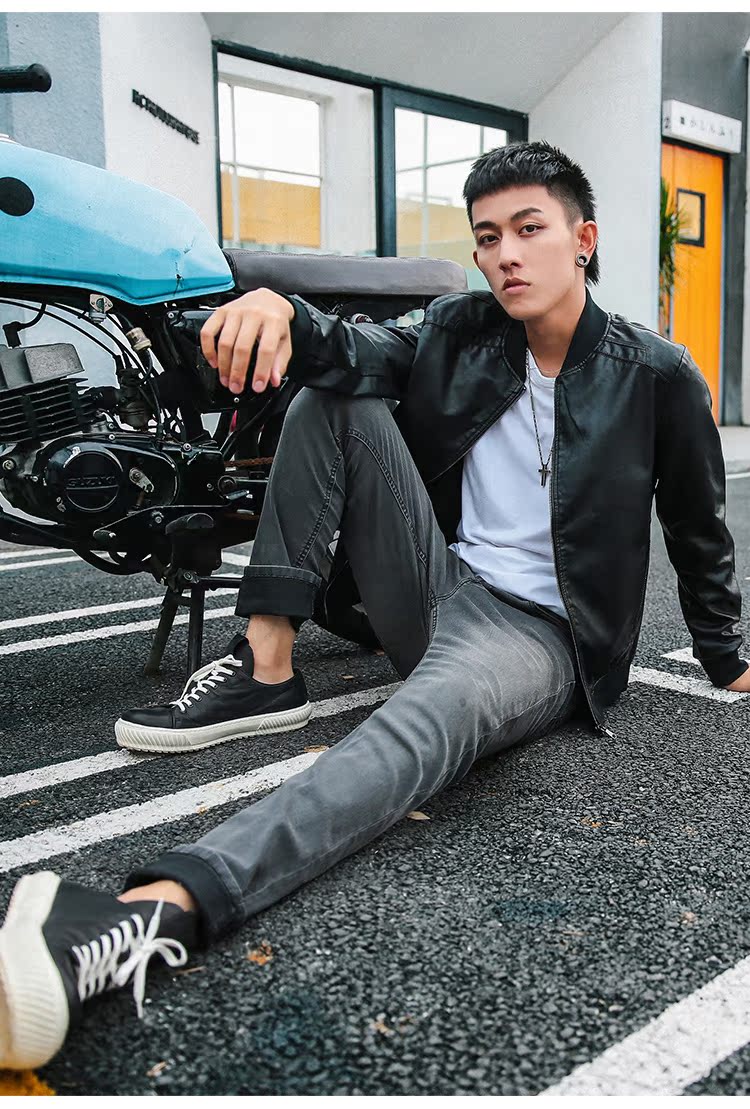 Huyền thoại vải 2018 mới bóng chày đứng cổ áo khoác da nam phiên bản Hàn Quốc của chiếc áo khoác đẹp trai xe máy trên quần áo thủy triều áo khoác dù nam