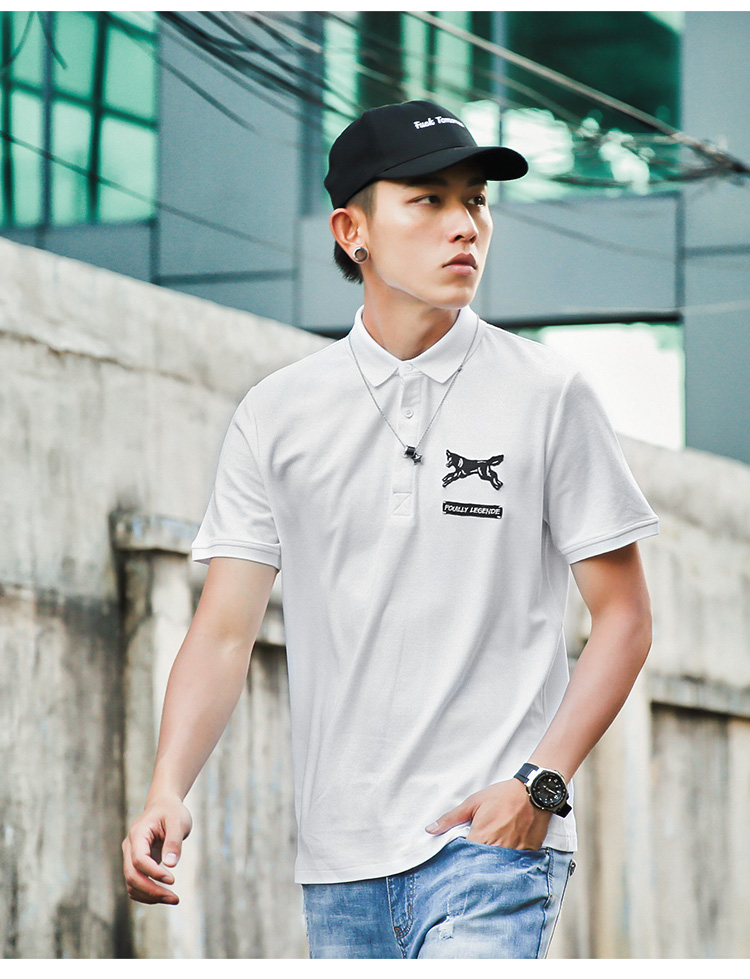 Vải Huyền thoại Mùa hè Động vật Thêu Ve áo Slim Polo Áo thun nam ngắn tay Áo sơ mi Thanh niên polo nam