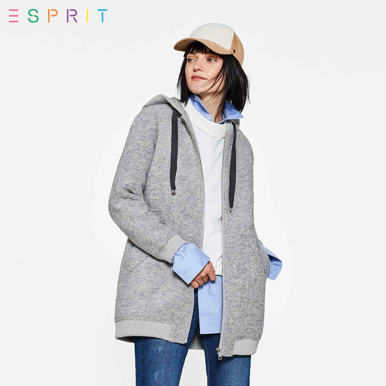 ESPRIT EDC女装2018春|新品|抽绳连帽中长款短外套-018CC1G005