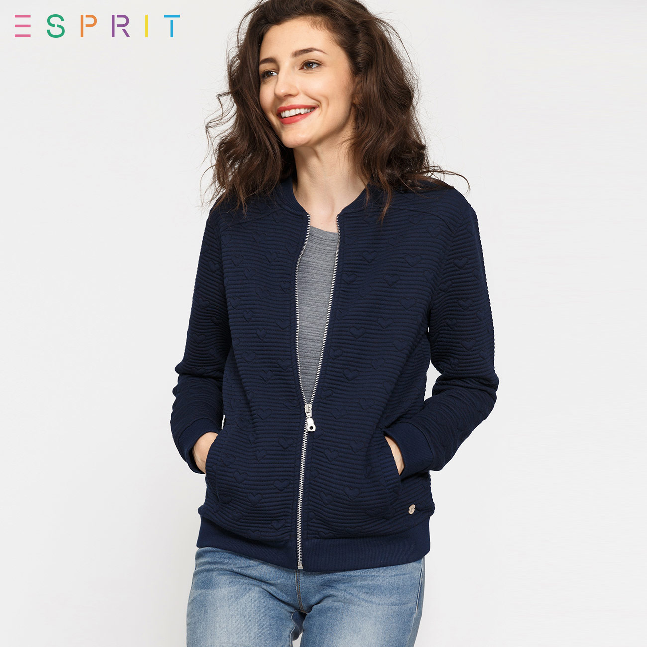 ESPRIT EDC女装2017冬新品纯色简约长袖开衫卫衣-107CC1J027