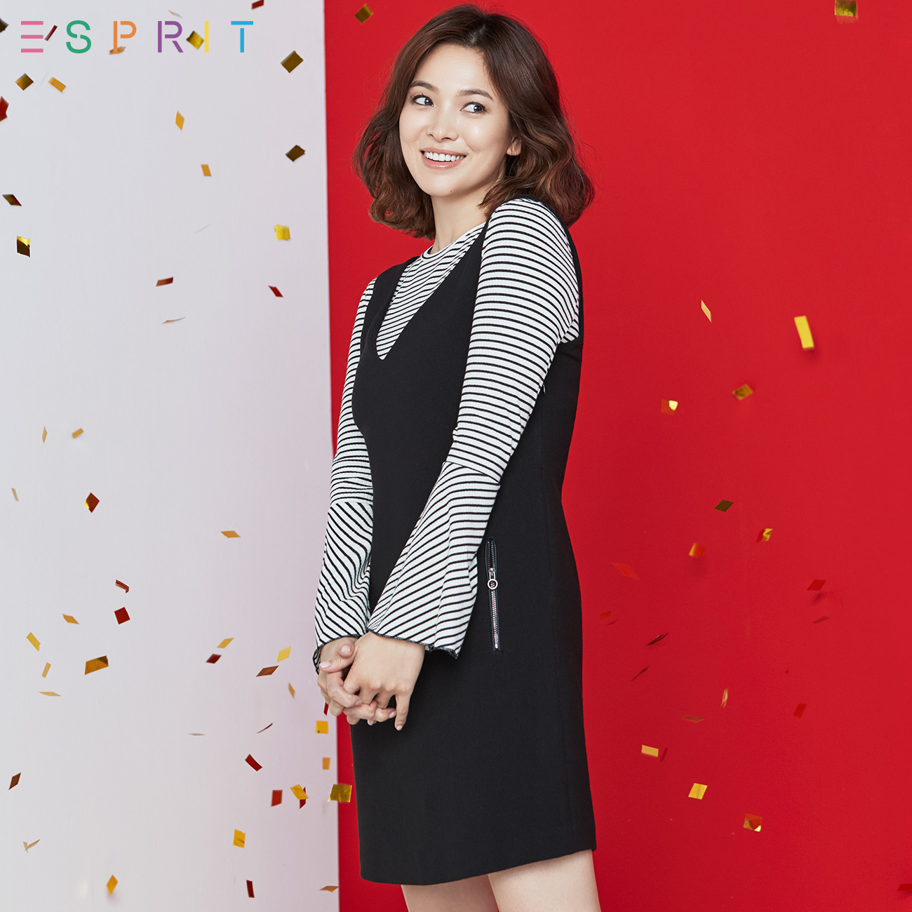 ESPRIT EDC女装2017冬新品纯色休闲吊带款连衣裙-117CC1E032