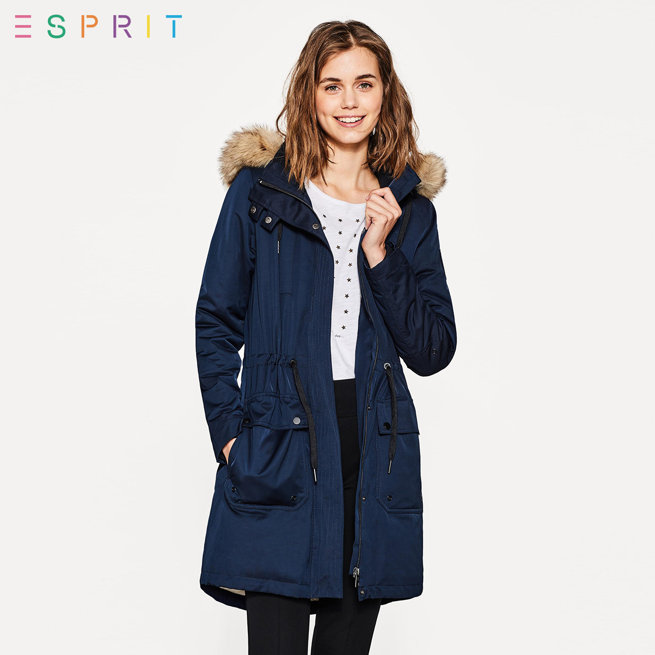 ESPRIT EDC女装2017冬毛领收腰中长棉服女-097CC1G012