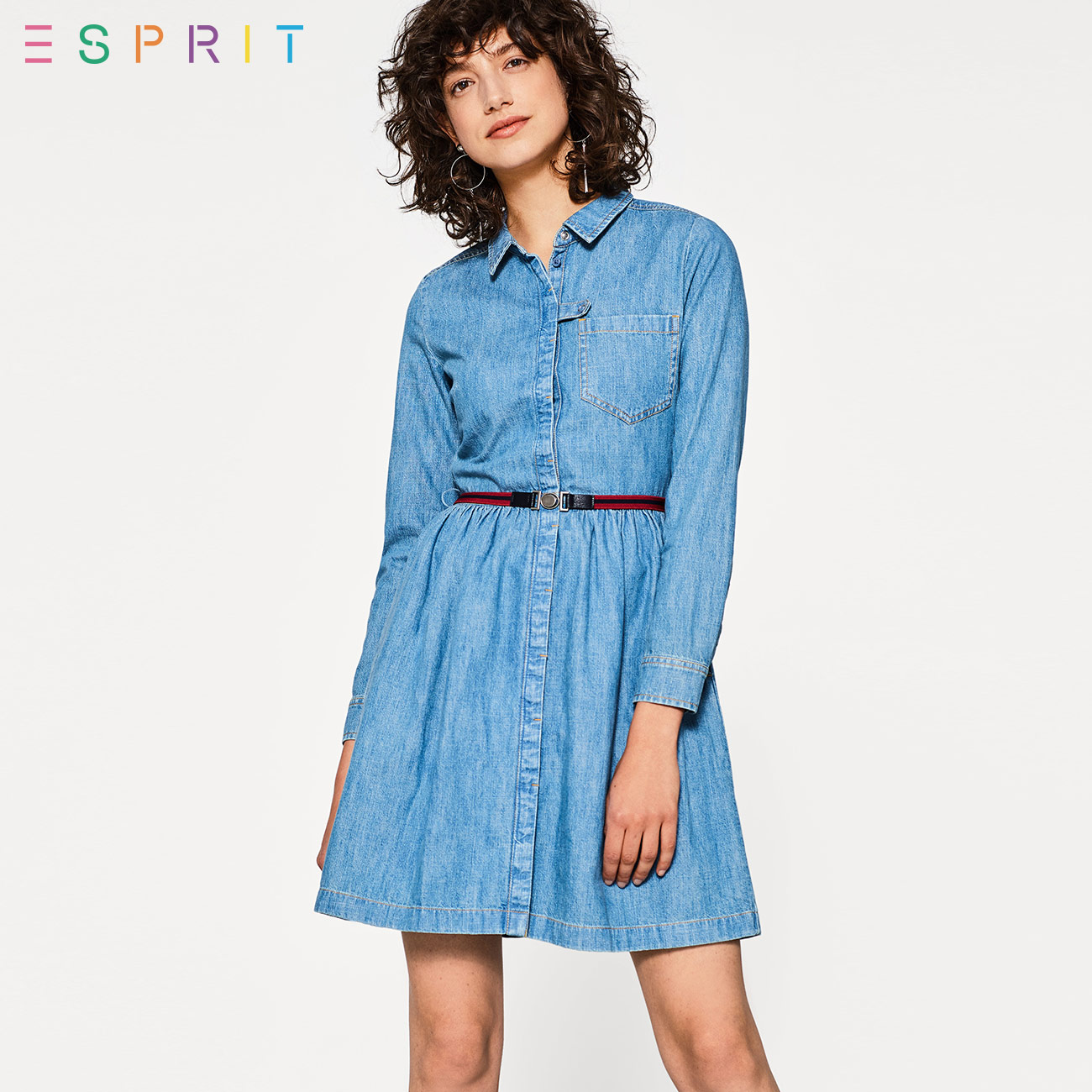 ESPRIT EDC女装2018春|新品|全棉牛仔长袖连衣裙-018CC1E010
