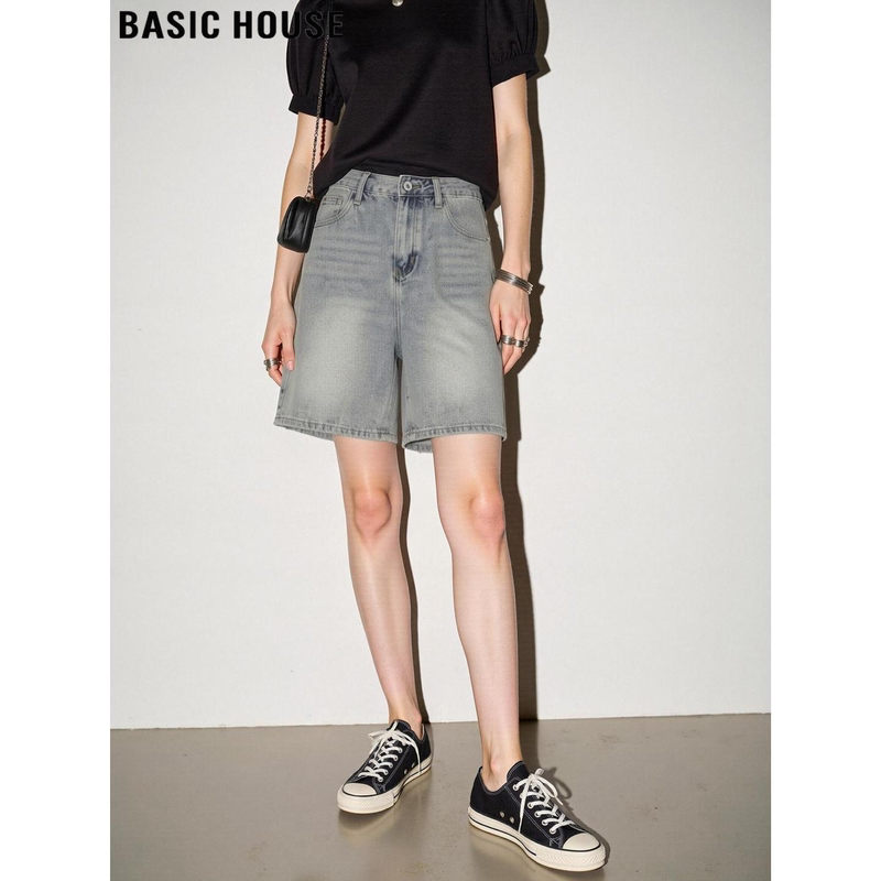 Basic House/Baijiahao Five-Point Denim Shorts for Women, Autumn High-Waisted Slimming Straight Wide-Leg Mid-Length Pants