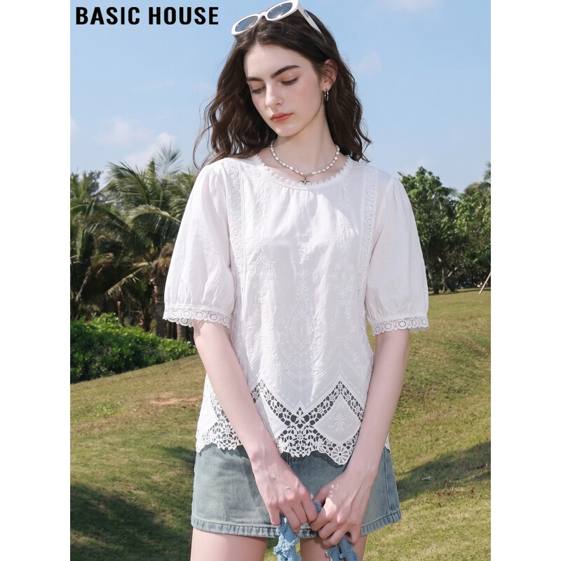 Basic House/Baijiahao White Lace Round-Neck Shirt for Women, Summer French-Style Hollow-Out Pure Cotton Half-Sleeve Top Basic House/Baijiahao White Lace Round-Neck Shirt for Women, Summer French-Style Hollow-Out Pure Cotton Half-Sleeve Top