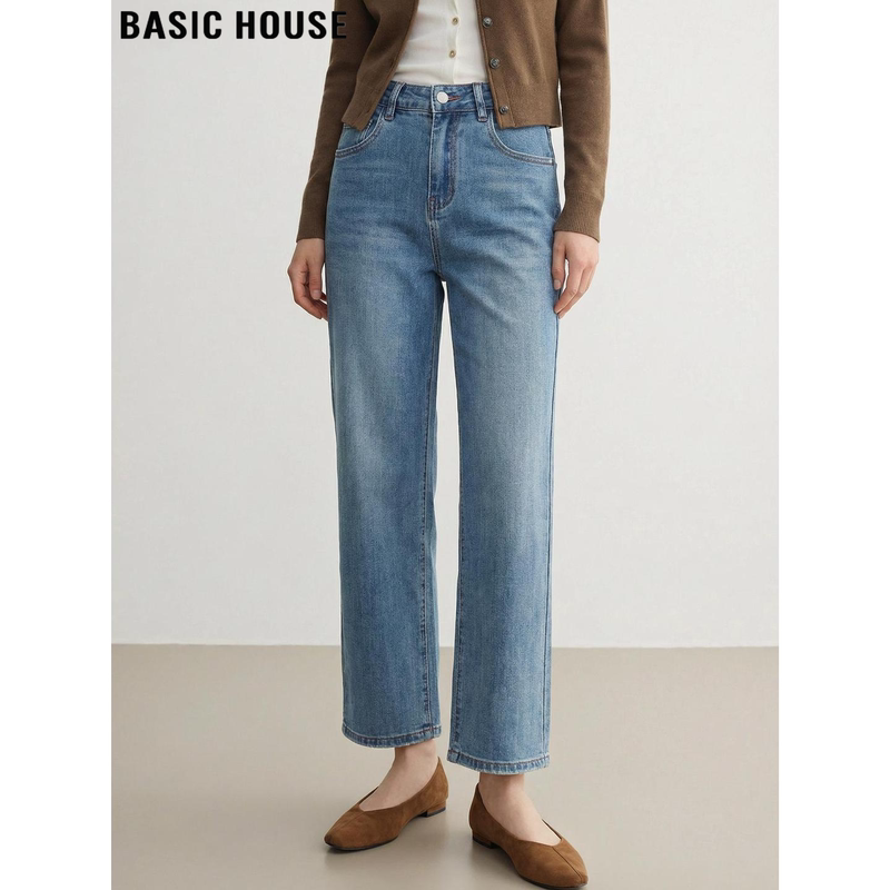Basic House/Baijiahao Blue Straight-Leg Jeans for Women, Summer Vintage High-Waisted Slimming Cropped Cigarette Pants