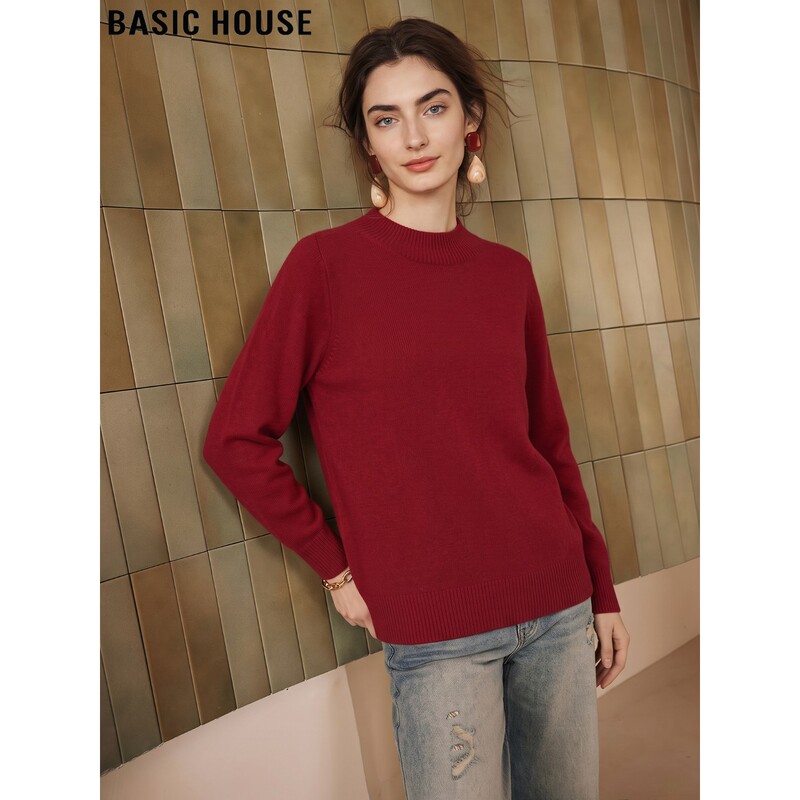Basic House/Baijiahao Burgundy Wool Knit Sweater for Women, Autumn and Winter Simple Round Neck Loose Long-Sleeve Top