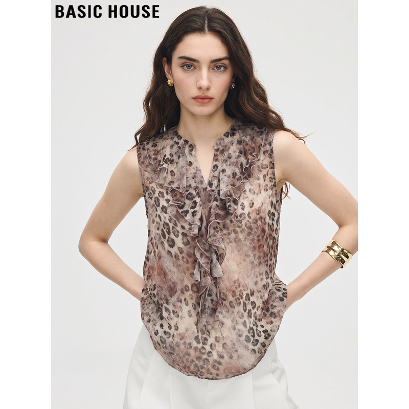 Basic House/Baijiahao Coffee-Colored Leopard Print Sleeveless Shirt for Women, Summer Design V-Neck Top