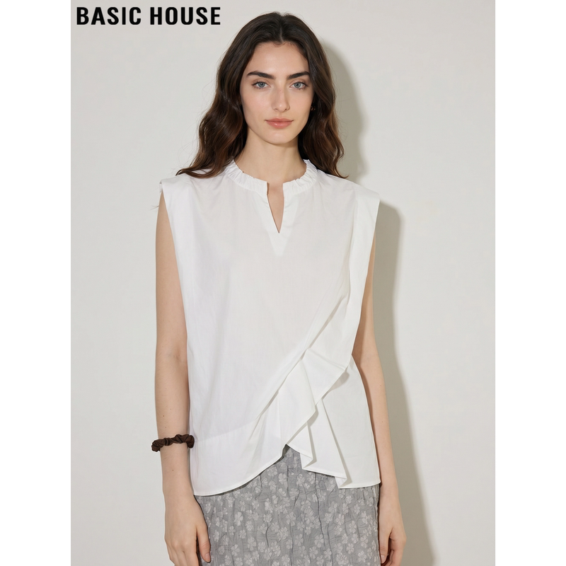 Basic House/Baijiahao White V Neck Sleeveless Shirt for Women, Summer Asymmetrical Pleated Hem Top